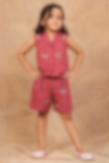 Earthy Red Linen Baroque Hand Embroidered Co-Ord Set For Girls by The Right Cut Kids