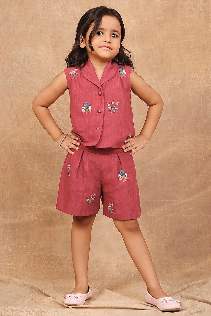 Earthy Red Linen Baroque Hand Embroidered Co-Ord Set For Girls by The Right Cut Kids