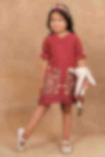 Earthy Red Linen Floral Hand Embroidered Dress For Girls by The Right Cut Kids at Pernia's Pop Up Shop