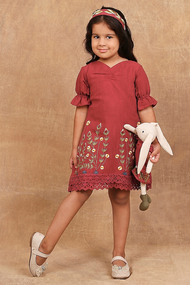 Earthy Red Linen Floral Hand Embroidered Dress For Girls by The Right Cut Kids at Pernia's Pop Up Shop