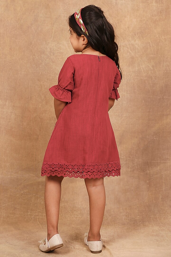 Earthy Red Linen Floral Hand Embroidered Dress For Girls by The Right Cut Kids at Pernia's Pop Up Shop
