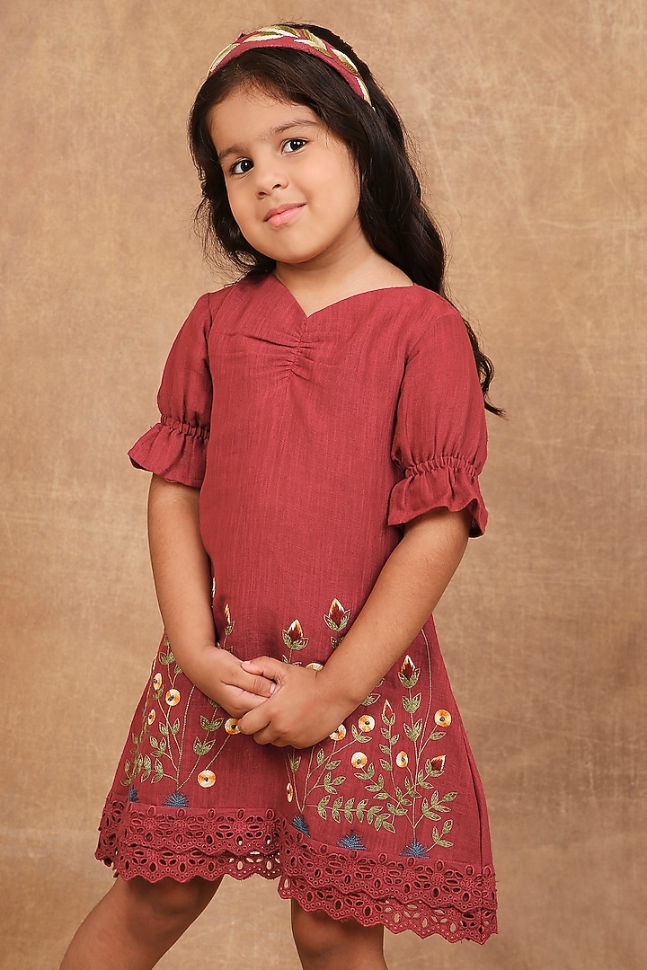 Earthy Red Linen Floral Hand Embroidered Dress For Girls by The Right Cut Kids at Pernia's Pop Up Shop