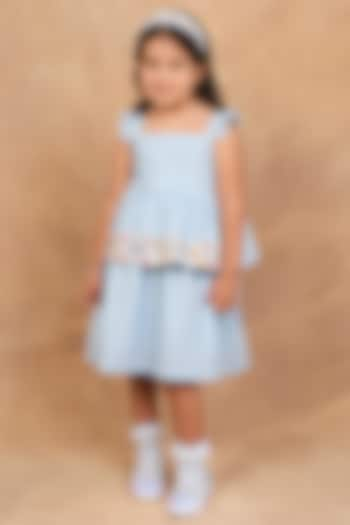 Ice Blue Organic Cotton Kantha & Floral Embroidered Dress For Girls by The Right Cut Kids at Pernia's Pop Up Shop