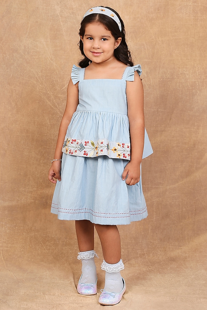 Ice Blue Organic Cotton Kantha & Floral Embroidered Dress For Girls by The Right Cut Kids at Pernia's Pop Up Shop