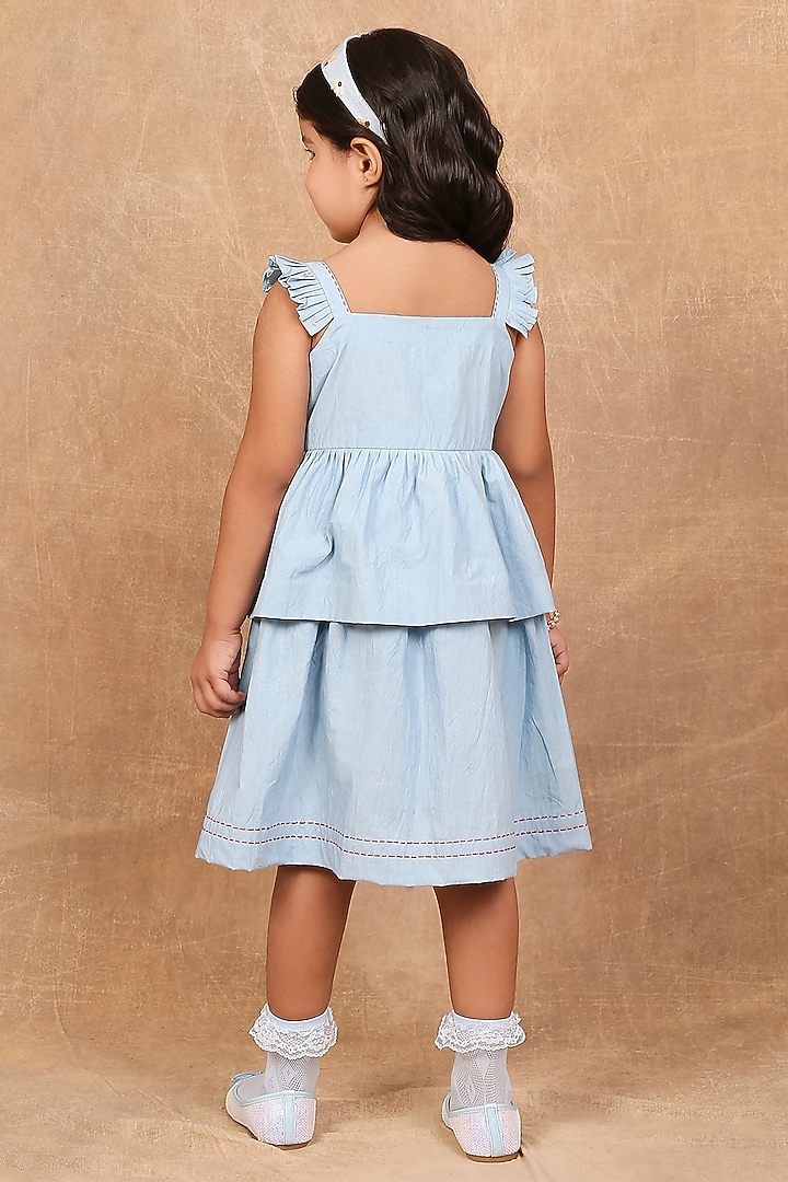 Ice Blue Organic Cotton Kantha & Floral Embroidered Dress For Girls by The Right Cut Kids at Pernia's Pop Up Shop