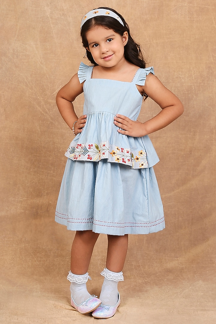 Ice Blue Organic Cotton Kantha & Floral Embroidered Dress For Girls by The Right Cut Kids at Pernia's Pop Up Shop