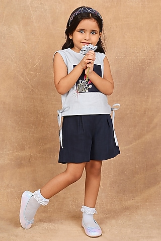 Ice Blue & Indigo Organic Cotton Hand Embroidered Co-Ord Set For Girls by The Right Cut Kids