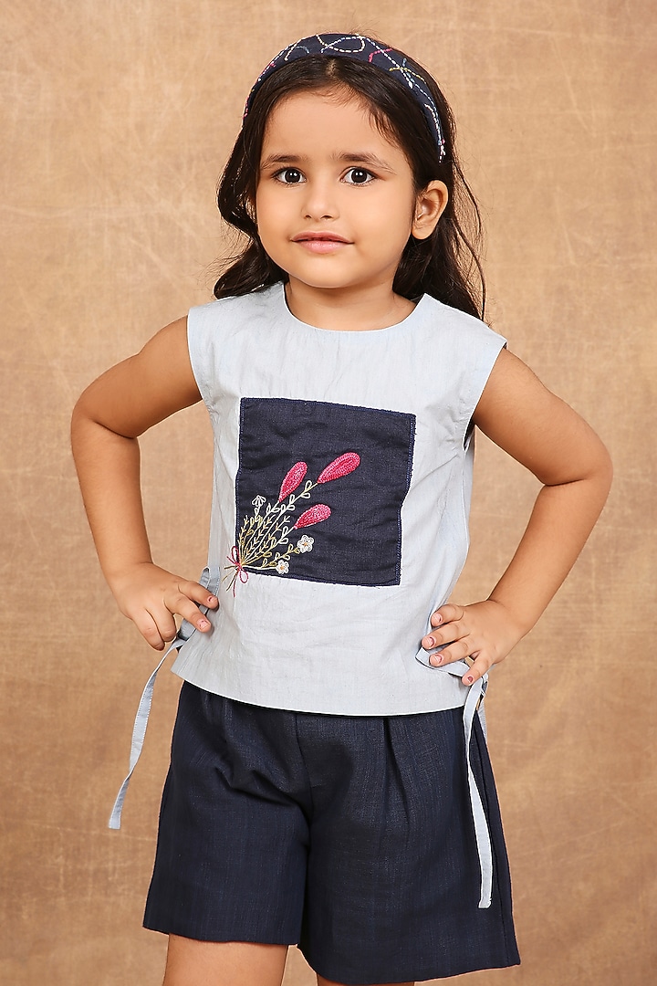 Ice Blue & Indigo Organic Cotton Hand Embroidered Co-Ord Set For Girls by The Right Cut Kids at Pernia's Pop Up Shop