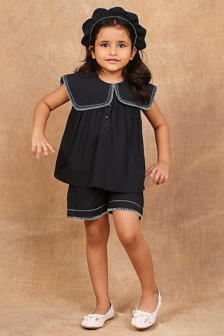 Charcoal Black Organic Cotton Kantha Hand Embroidered Co-Ord Set For Girls by The Right Cut Kids at Pernia's Pop Up Shop