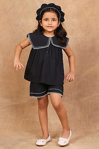 Charcoal Black Organic Cotton Kantha Hand Embroidered Co-Ord Set For Girls by The Right Cut Kids