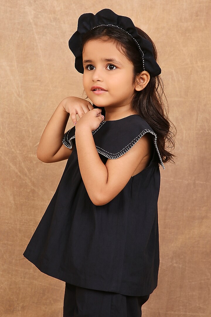 Charcoal Black Organic Cotton Kantha Hand Embroidered Co-Ord Set For Girls by The Right Cut Kids at Pernia's Pop Up Shop