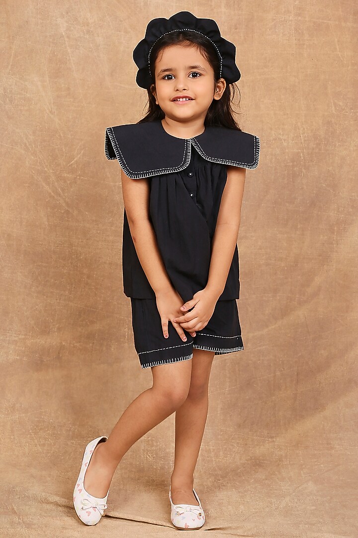 Charcoal Black Organic Cotton Kantha Hand Embroidered Co-Ord Set For Girls by The Right Cut Kids at Pernia's Pop Up Shop
