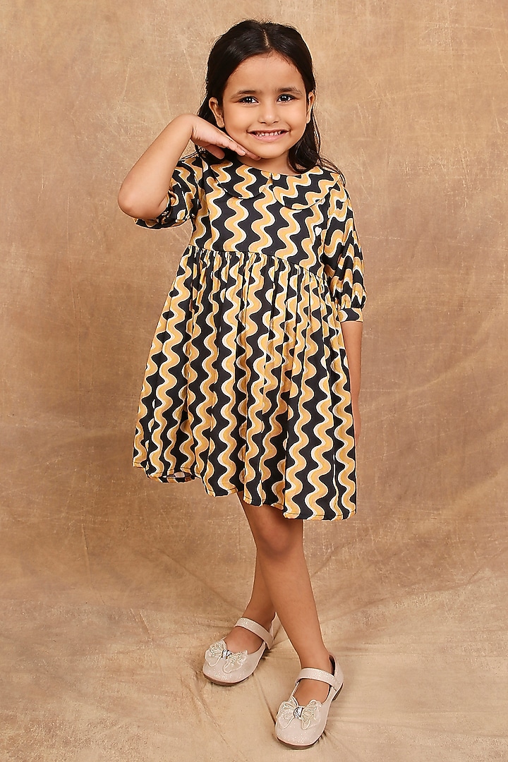 Mustard Pure Cotton Printed & Hand Embroidered Dress For Girls by The Right Cut Kids at Pernia's Pop Up Shop