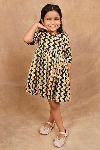 Mustard Pure Cotton Printed & Hand Embroidered Dress For Girls by The Right Cut Kids