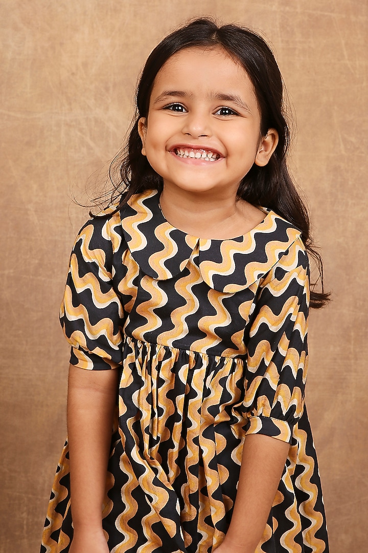 Mustard Pure Cotton Printed & Hand Embroidered Dress For Girls by The Right Cut Kids at Pernia's Pop Up Shop
