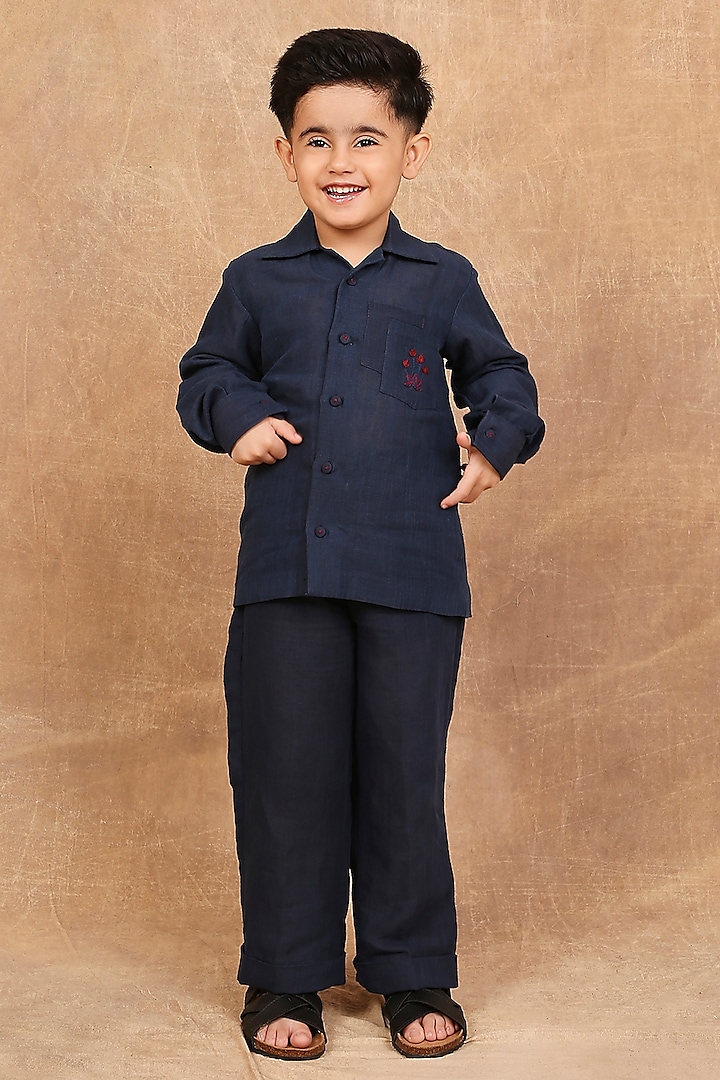 Indigo Linen Hand Embroidered Shirt For Boys by The Right Cut Kids at Pernia's Pop Up Shop