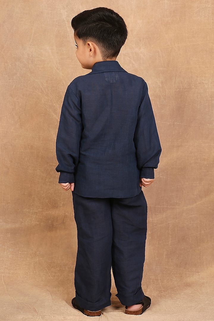 Indigo Linen Hand Embroidered Shirt For Boys by The Right Cut Kids at Pernia's Pop Up Shop