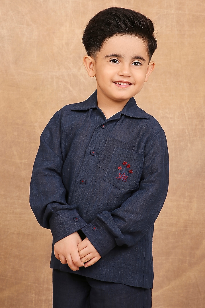 Indigo Linen Hand Embroidered Shirt For Boys by The Right Cut Kids at Pernia's Pop Up Shop