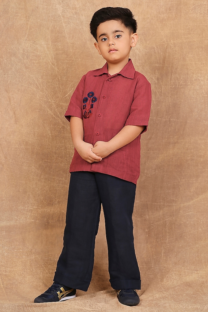 Earthy Red Linen Floral Hand Embroidered Shirt For Boys by The Right Cut Kids at Pernia's Pop Up Shop