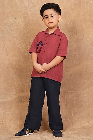 Earthy Red Linen Floral Hand Embroidered Shirt For Boys by The Right Cut Kids