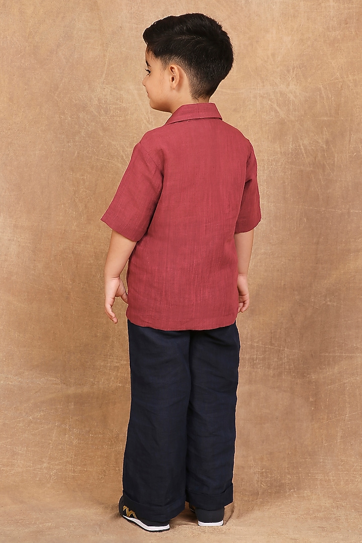 Earthy Red Linen Floral Hand Embroidered Shirt For Boys by The Right Cut Kids at Pernia's Pop Up Shop