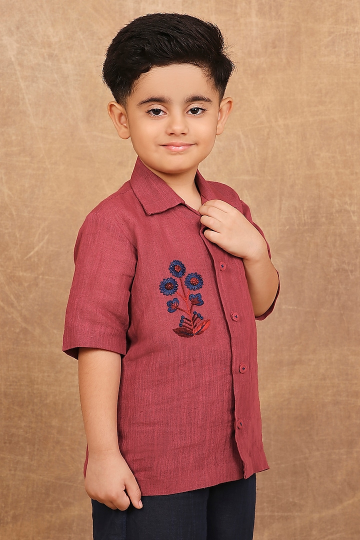 Earthy Red Linen Floral Hand Embroidered Shirt For Boys by The Right Cut Kids at Pernia's Pop Up Shop