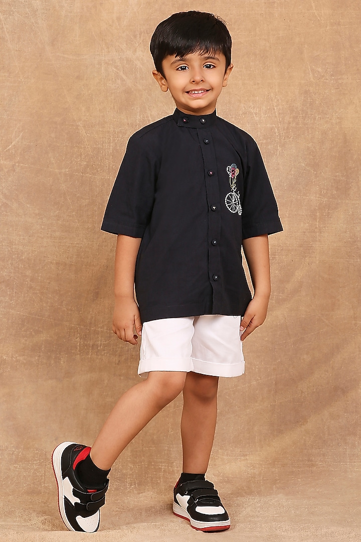 Charcoal Black Organic Cotton Hand Embroidered Shirt For Boys by The Right Cut Kids at Pernia's Pop Up Shop