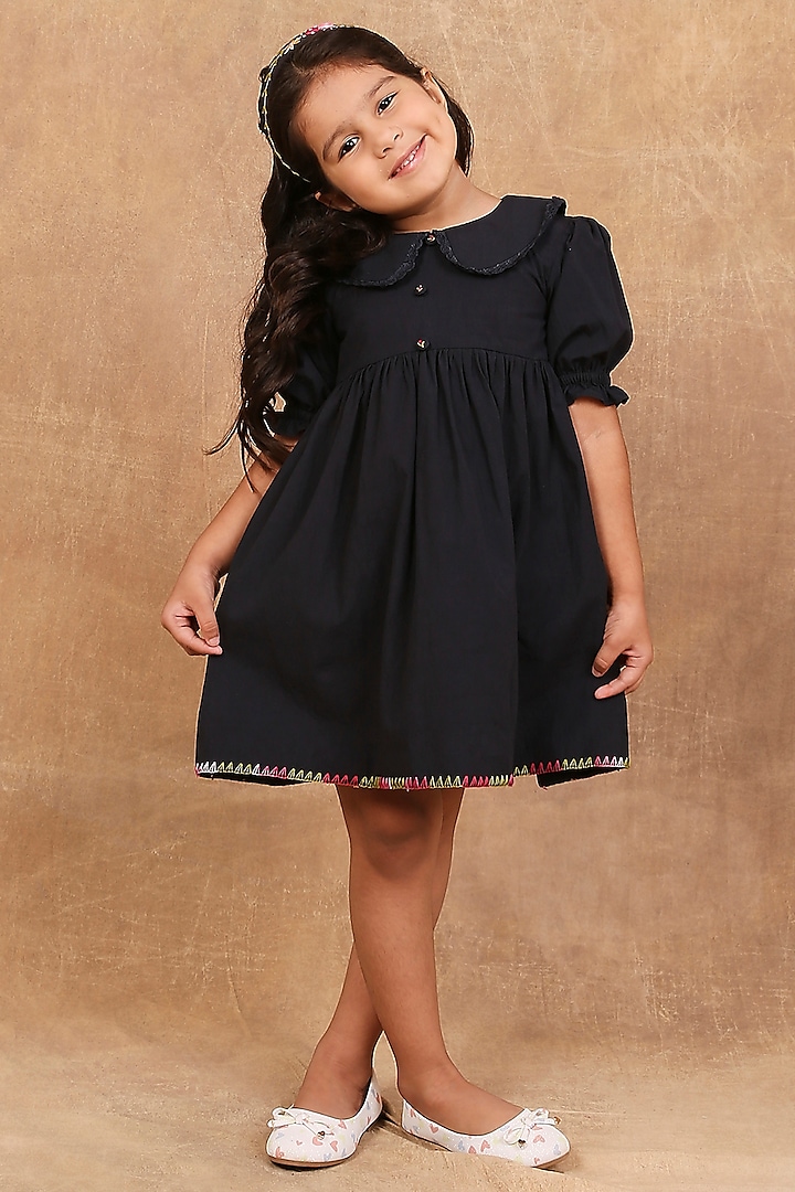 Charcoal Black Organic Cotton Hand Embroidered Dress For Girls by The Right Cut Kids at Pernia's Pop Up Shop