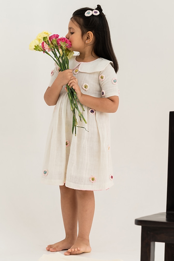 Pearl White Hand Embroidered Dress For Girls by The Right Cut Kids at Pernia's Pop Up Shop