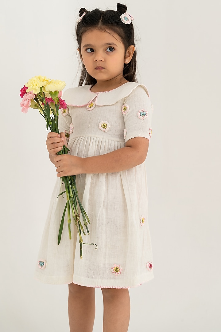 Pearl White Hand Embroidered Dress For Girls by The Right Cut Kids at Pernia's Pop Up Shop