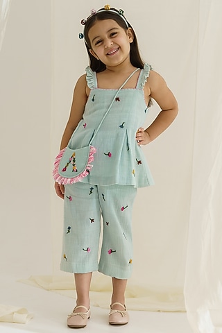 Sky Blue Hand Embroidered Pant Set For Girls by The Right Cut Kids
