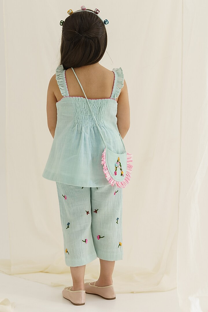Sky Blue Hand Embroidered Pant Set For Girls by The Right Cut Kids at Pernia's Pop Up Shop