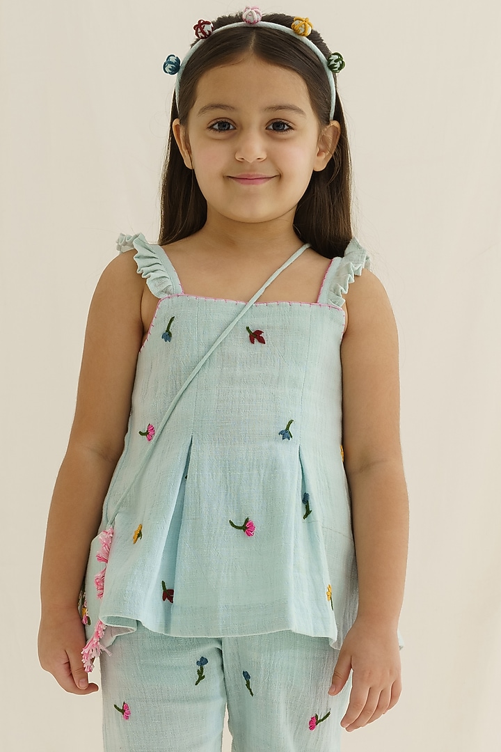 Sky Blue Hand Embroidered Pant Set For Girls by The Right Cut Kids at Pernia's Pop Up Shop