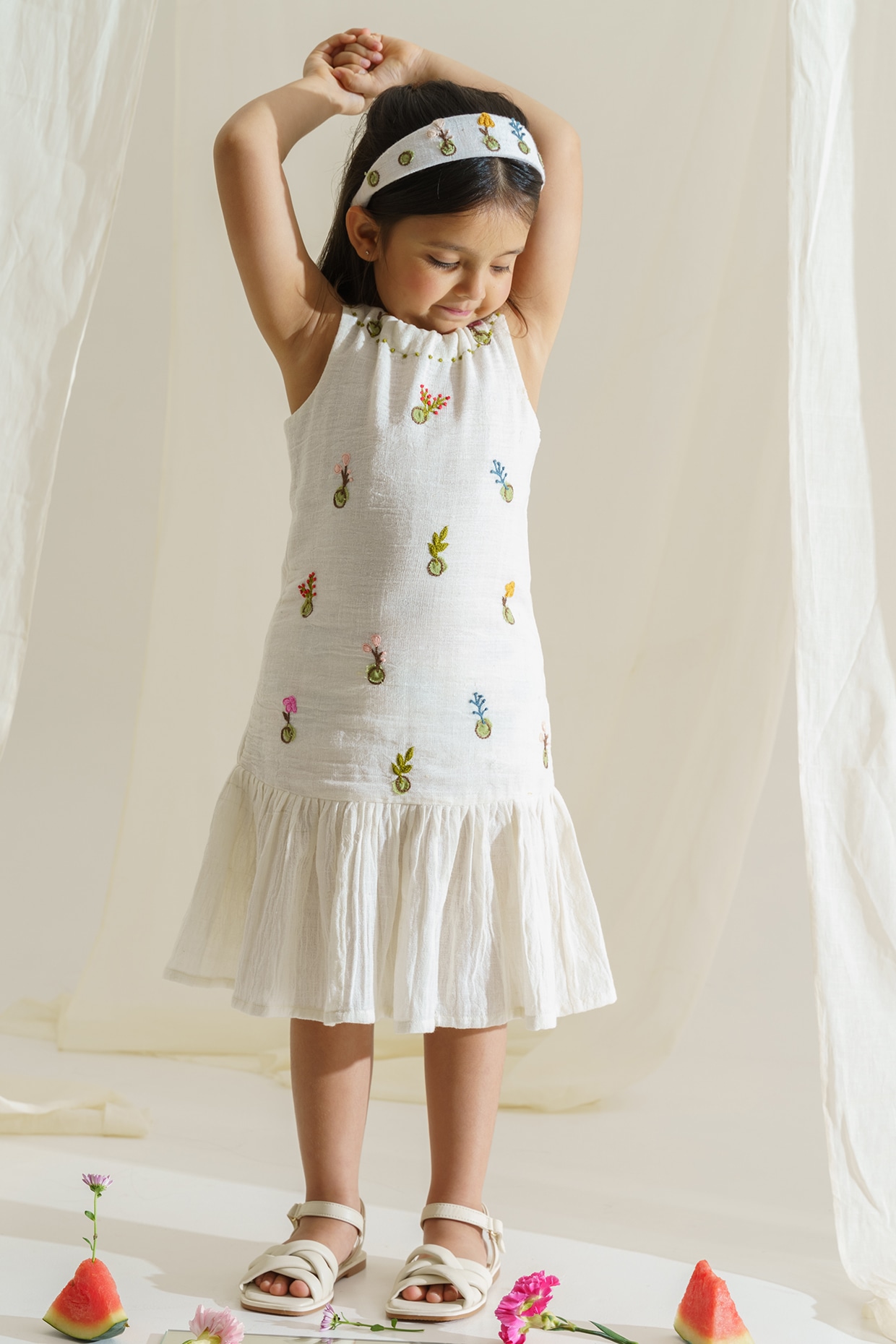 Pearl White Embroidered Dress For Girls by The Right Cut Kids at Pernia s Pop Up Shop