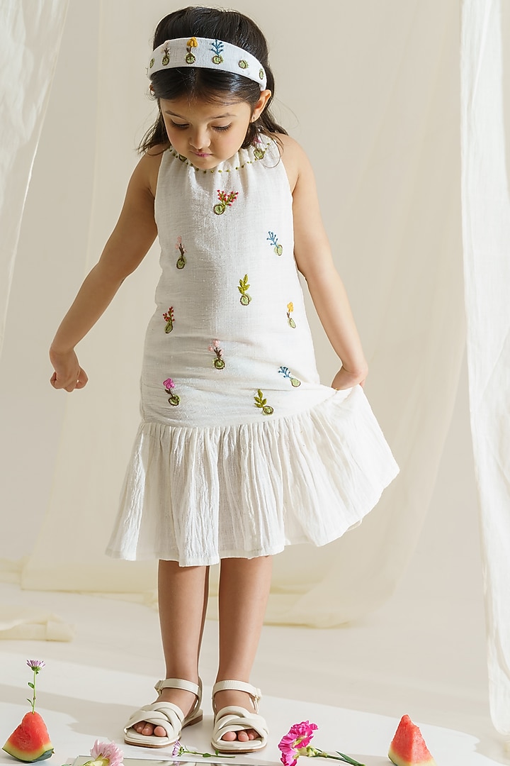 Pearl White Embroidered Dress For Girls by The Right Cut Kids at Pernia's Pop Up Shop