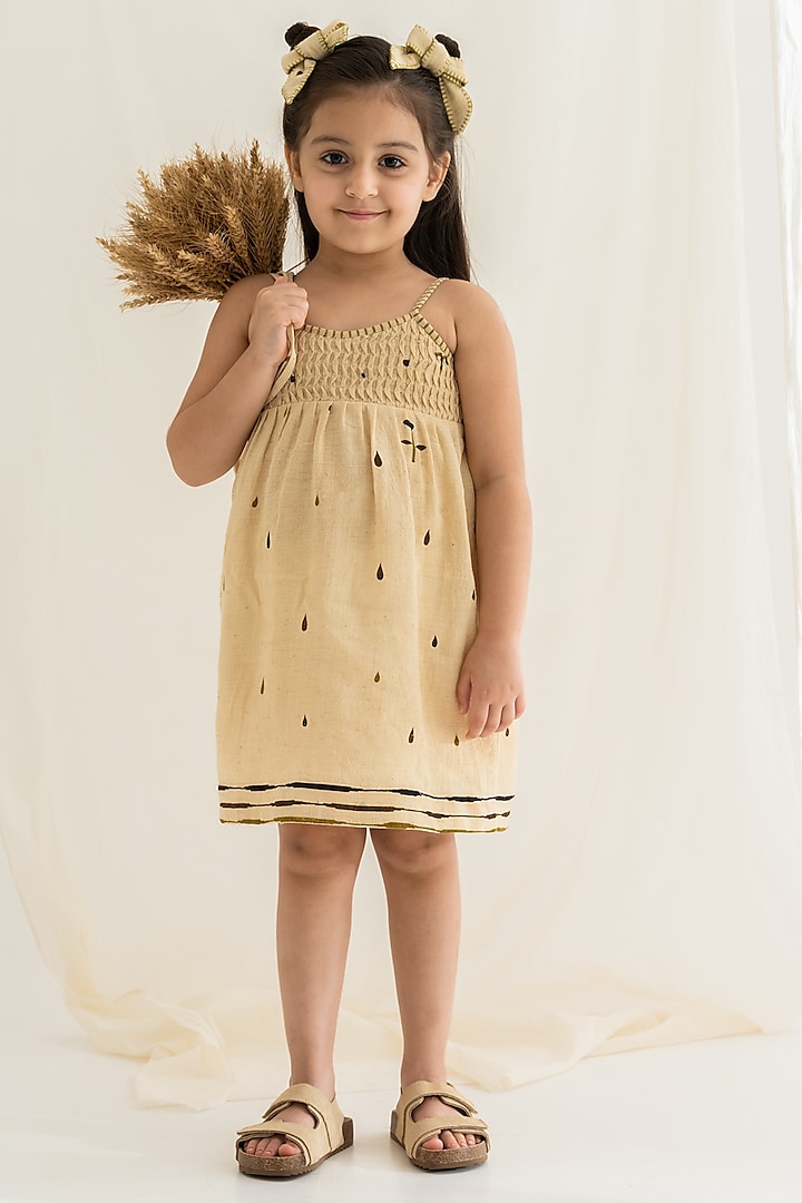 Beige Screen Printed Dress For Girls by The Right Cut Kids