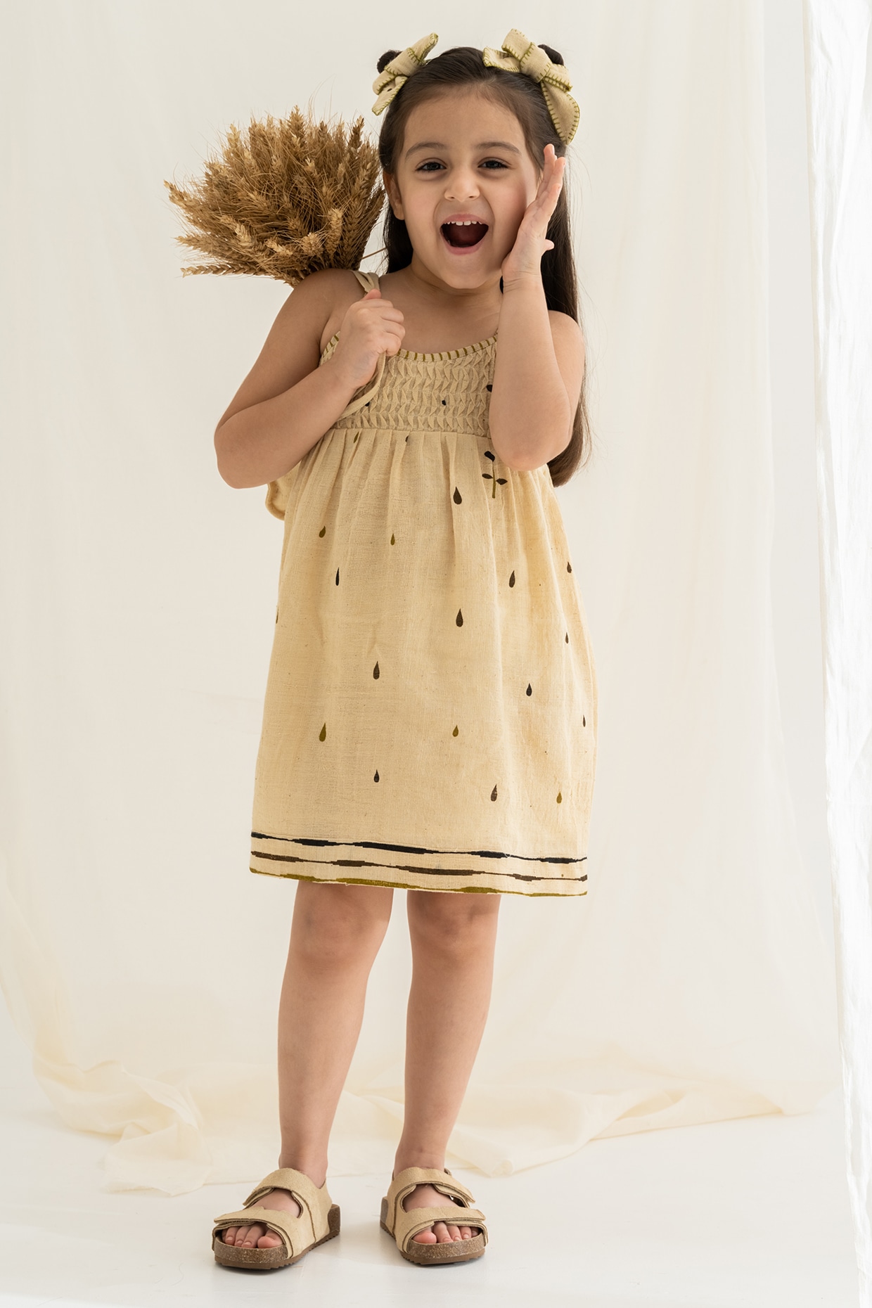 Beige Screen Printed Dress For Girls Design by The Right Cut Kids