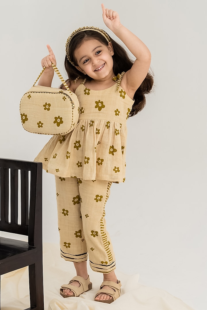 Beige Printed Pant Set For Girls by The Right Cut Kids