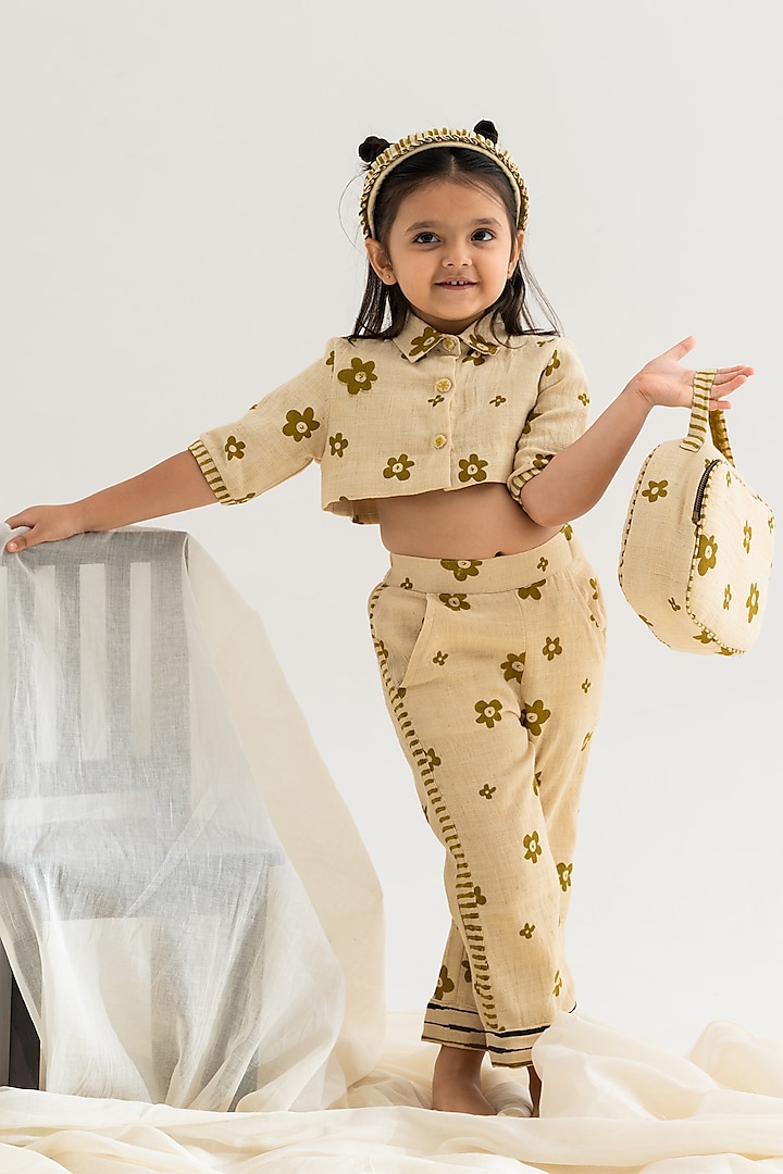 Beige Hand Printed Pant Set For Girls by The Right Cut Kids