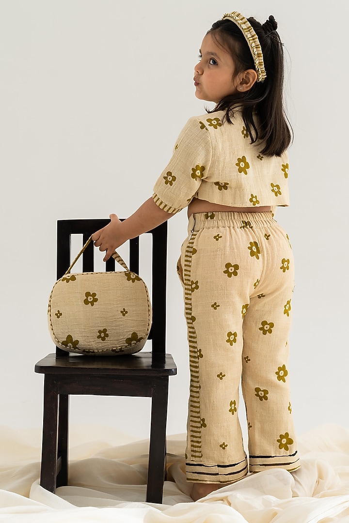 Beige Hand Printed Pant Set For Girls by The Right Cut Kids at Pernia's Pop Up Shop