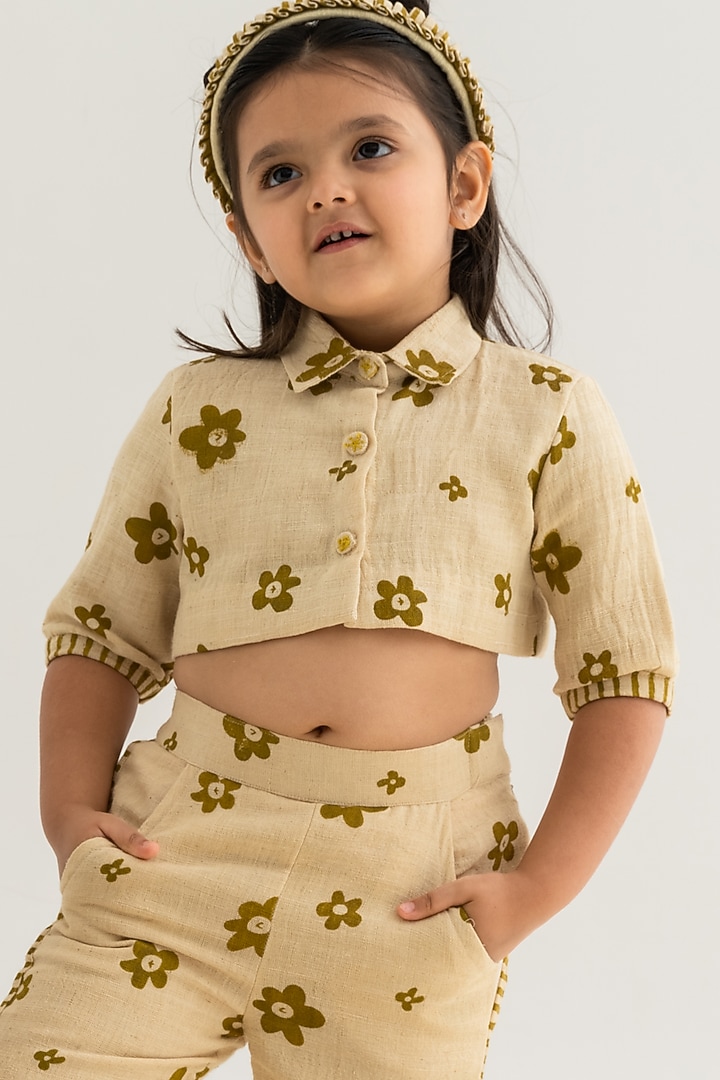 Beige Hand Printed Pant Set For Girls by The Right Cut Kids at Pernia's Pop Up Shop