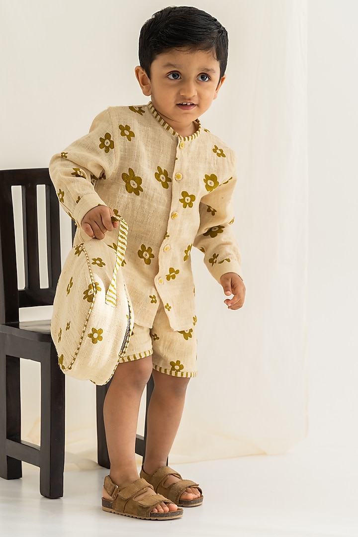 Beige Hand Embroidered Kurta Set For Boys by The Right Cut Kids