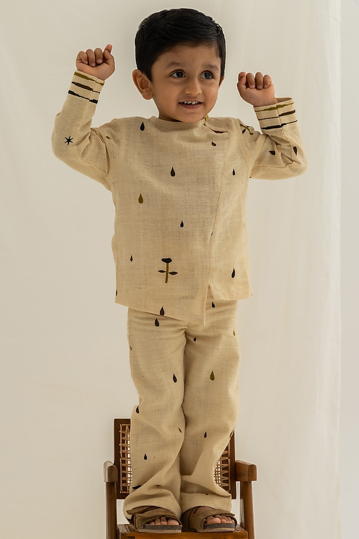 Beige Screen Printed Pant Set For Boys by The Right Cut Kids