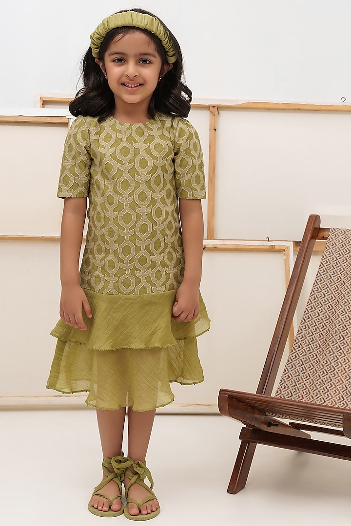 Green Embroidered Dress For Girls by The Right Cut Kids