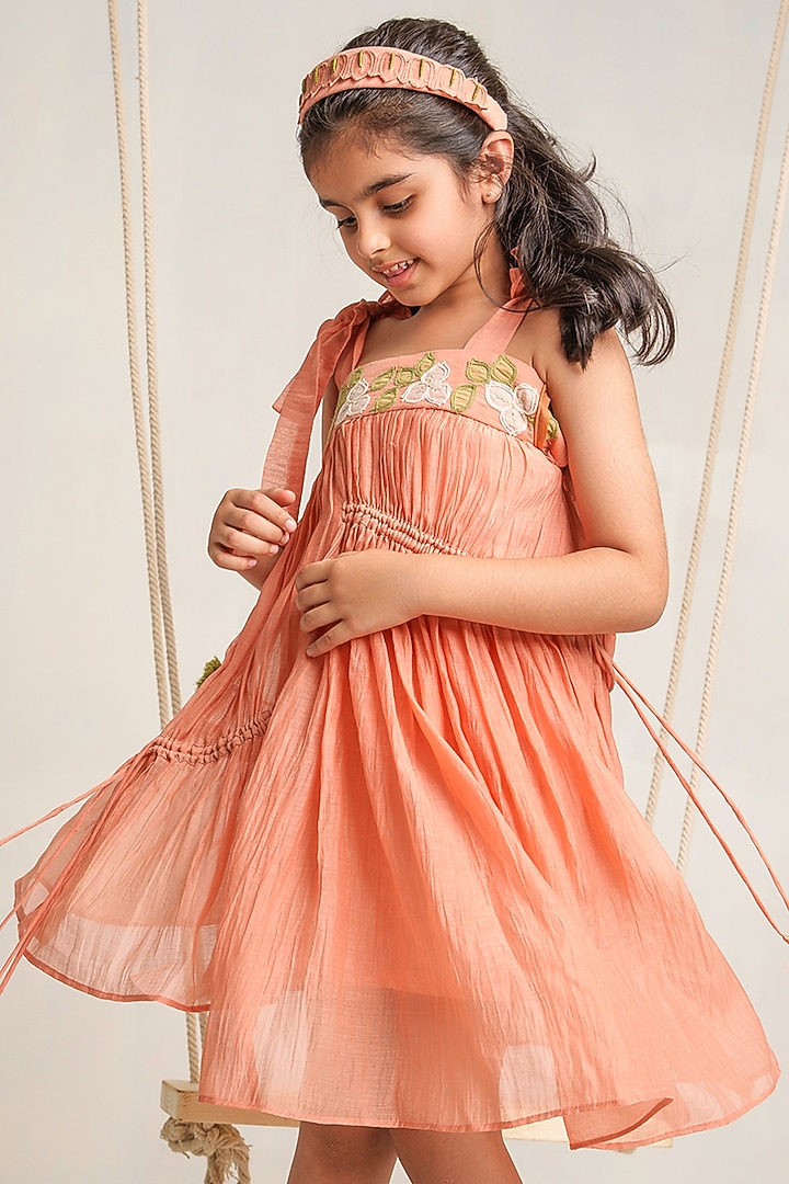 Peach Embroidered Dress For Girls by The Right Cut Kids at Pernia's Pop Up Shop