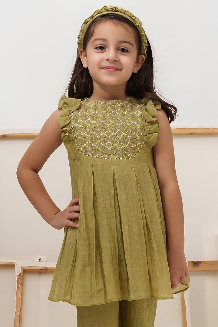 Green Cotton Chanderi Pant Set For Girls by The Right Cut Kids at Pernia's Pop Up Shop