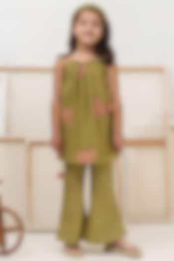 Green Cotton Chanderi Pant Set For Girls by The Right Cut Kids