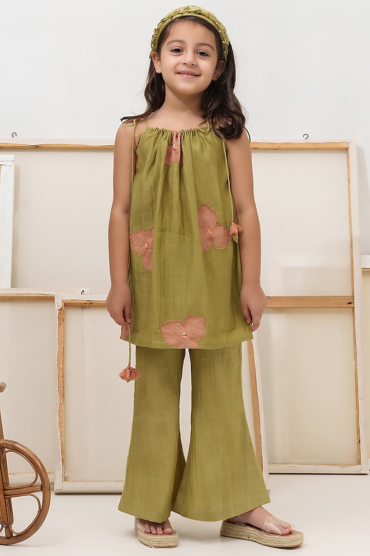 Green Cotton Chanderi Pant Set For Girls by The Right Cut Kids