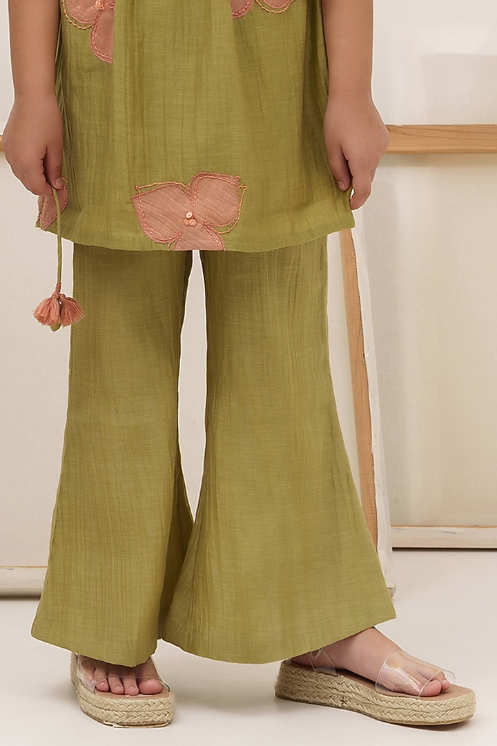 Green Cotton Chanderi Pant Set For Girls by The Right Cut Kids at Pernia's Pop Up Shop