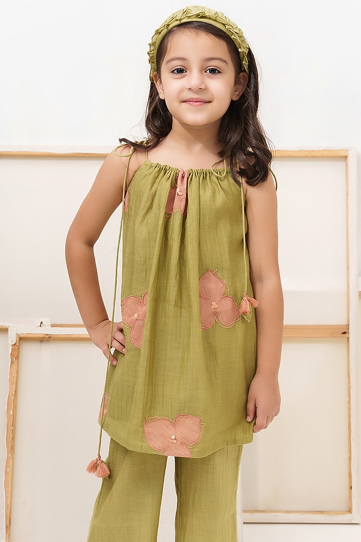 Green Cotton Chanderi Pant Set For Girls by The Right Cut Kids at Pernia's Pop Up Shop